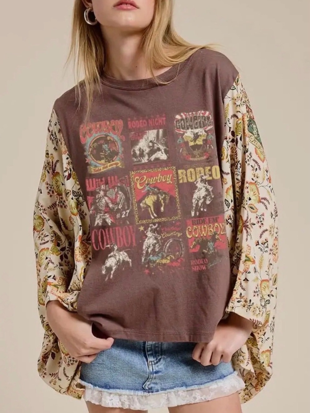 Boho Patchwork Brown Graphic Pullover Sweater